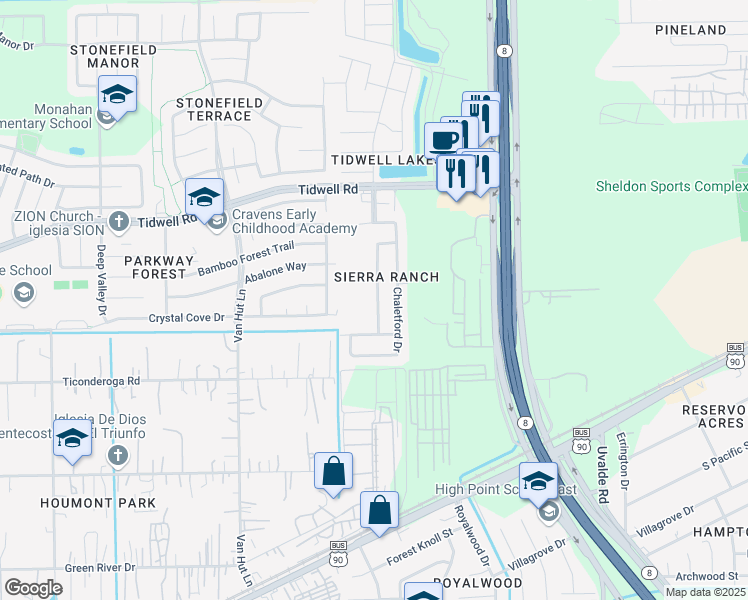 map of restaurants, bars, coffee shops, grocery stores, and more near 8539 Doskocil Drive in Houston