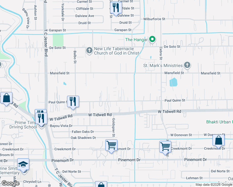 map of restaurants, bars, coffee shops, grocery stores, and more near 2706 Paul Quinn Street in Houston