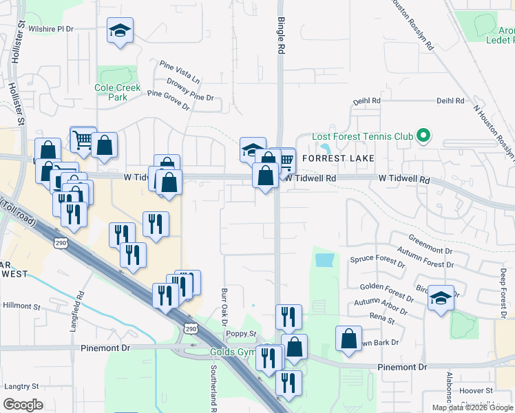 map of restaurants, bars, coffee shops, grocery stores, and more near 5707 Bingle Road in Houston