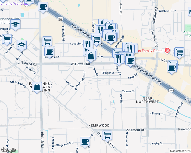 map of restaurants, bars, coffee shops, grocery stores, and more near 5757 Guhn Road in Houston