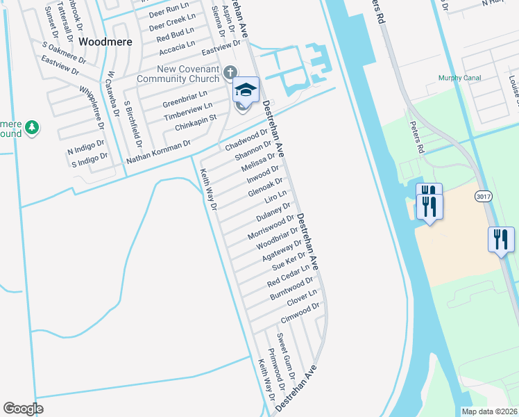 map of restaurants, bars, coffee shops, grocery stores, and more near 3741 Dulaney Drive in Harvey