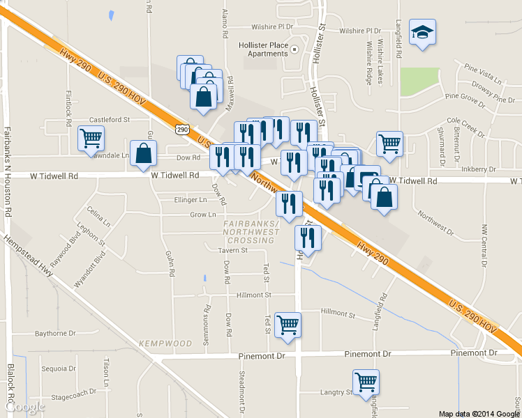 map of restaurants, bars, coffee shops, grocery stores, and more near 7835 Grow Lane in Houston