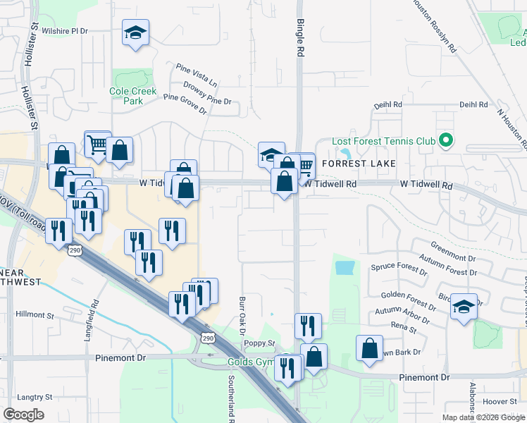 map of restaurants, bars, coffee shops, grocery stores, and more near 5707 Bingle Road in Houston