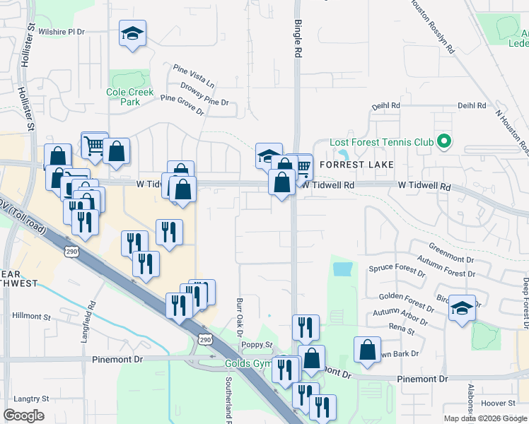 map of restaurants, bars, coffee shops, grocery stores, and more near 5707 Bingle Road in Houston