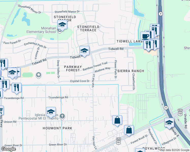 map of restaurants, bars, coffee shops, grocery stores, and more near 13003 Nature Trail in Houston