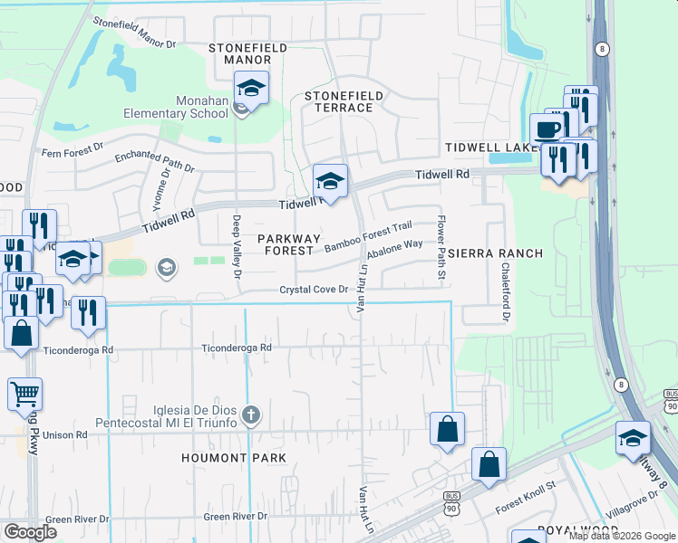 map of restaurants, bars, coffee shops, grocery stores, and more near 8603 Van Hut Lane in Houston