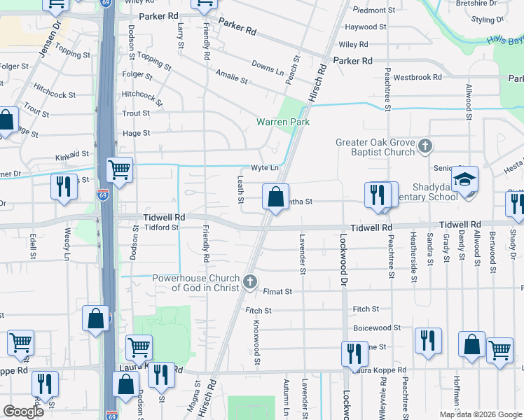 map of restaurants, bars, coffee shops, grocery stores, and more near 9600 Hirsch Road in Houston