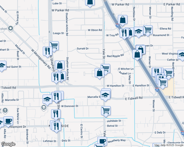 map of restaurants, bars, coffee shops, grocery stores, and more near 5673 Yale Street in Houston