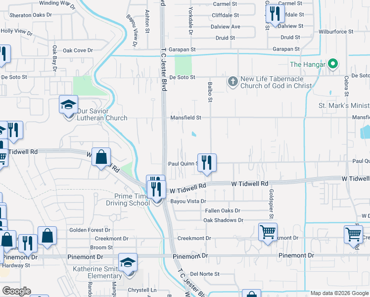 map of restaurants, bars, coffee shops, grocery stores, and more near 3314 Paul Quinn Street in Houston