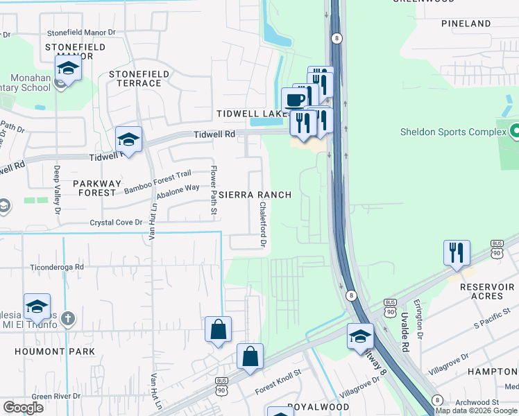 map of restaurants, bars, coffee shops, grocery stores, and more near 8571 Chaletford Drive in Houston