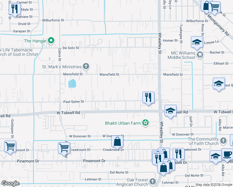 map of restaurants, bars, coffee shops, grocery stores, and more near 1422 Paul Quinn Street in Houston