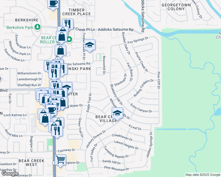 map of restaurants, bars, coffee shops, grocery stores, and more near 4931 Blueberry Hill Drive in Houston