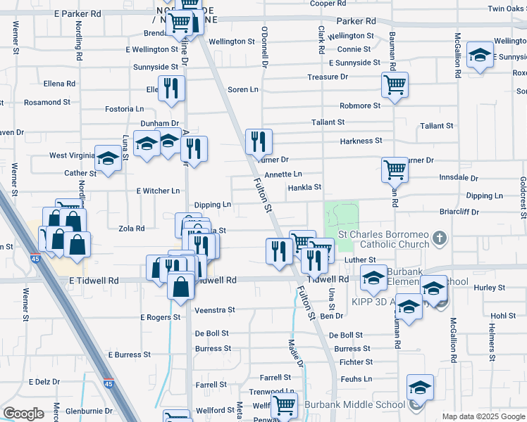 map of restaurants, bars, coffee shops, grocery stores, and more near 79 Luetta Street in Houston