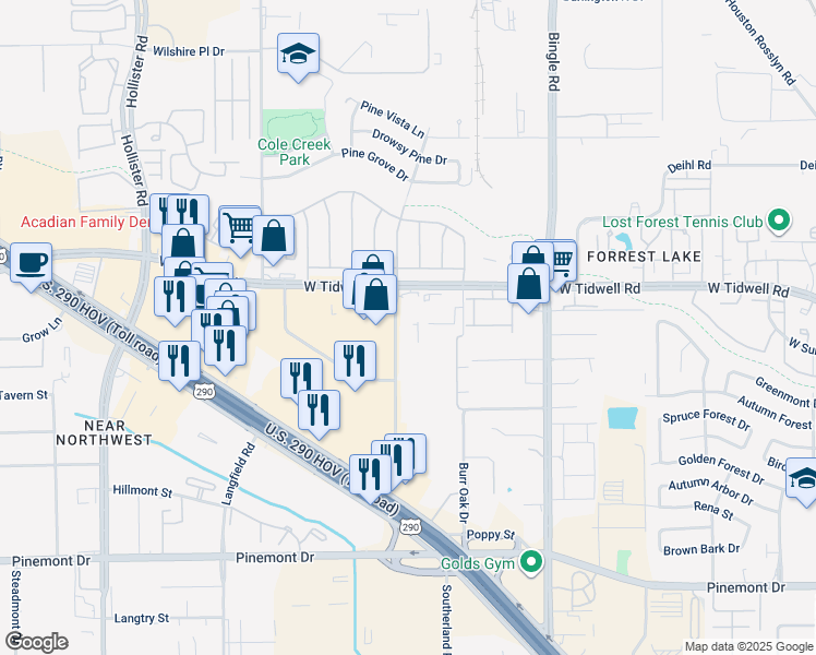 map of restaurants, bars, coffee shops, grocery stores, and more near 5700 Northwest Central Drive in Houston