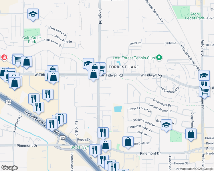 map of restaurants, bars, coffee shops, grocery stores, and more near 5720 Bingle Road in Houston