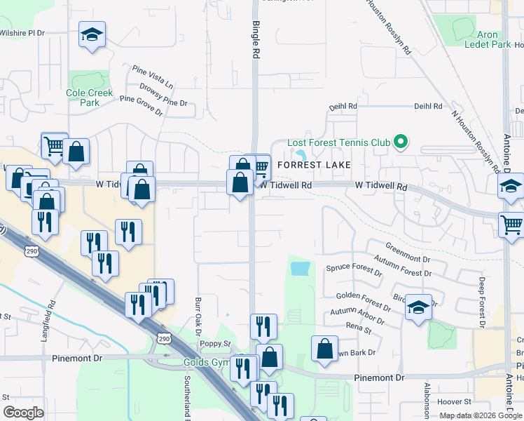 map of restaurants, bars, coffee shops, grocery stores, and more near 5726-a Bingle Road in Houston