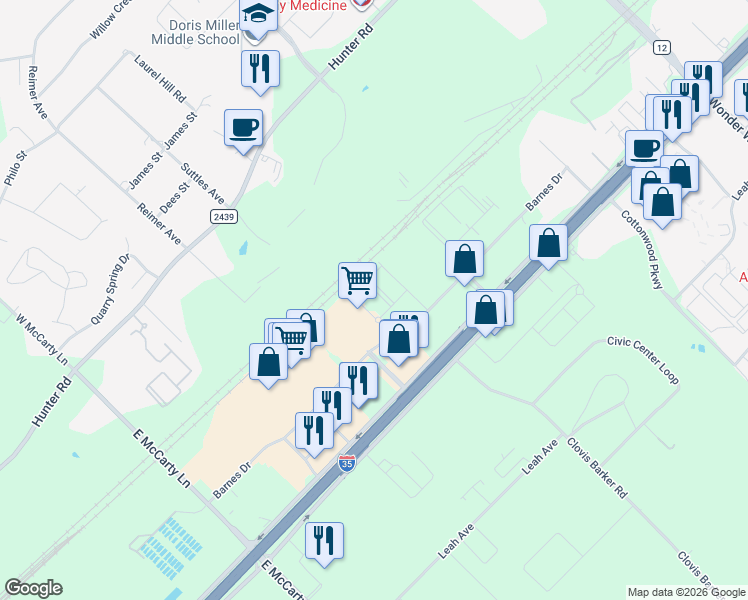 map of restaurants, bars, coffee shops, grocery stores, and more near 490 Barnes Drive in San Marcos
