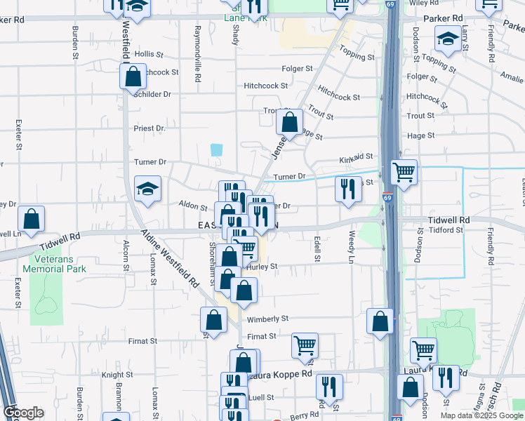 map of restaurants, bars, coffee shops, grocery stores, and more near 2919 La Estancia Lane in Houston