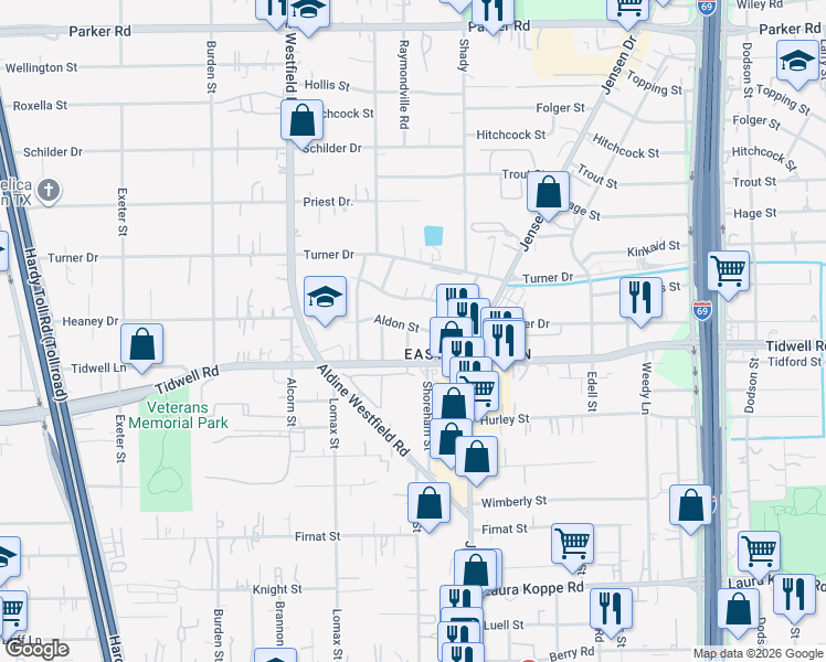 map of restaurants, bars, coffee shops, grocery stores, and more near 2701 Tidwell Road in Houston