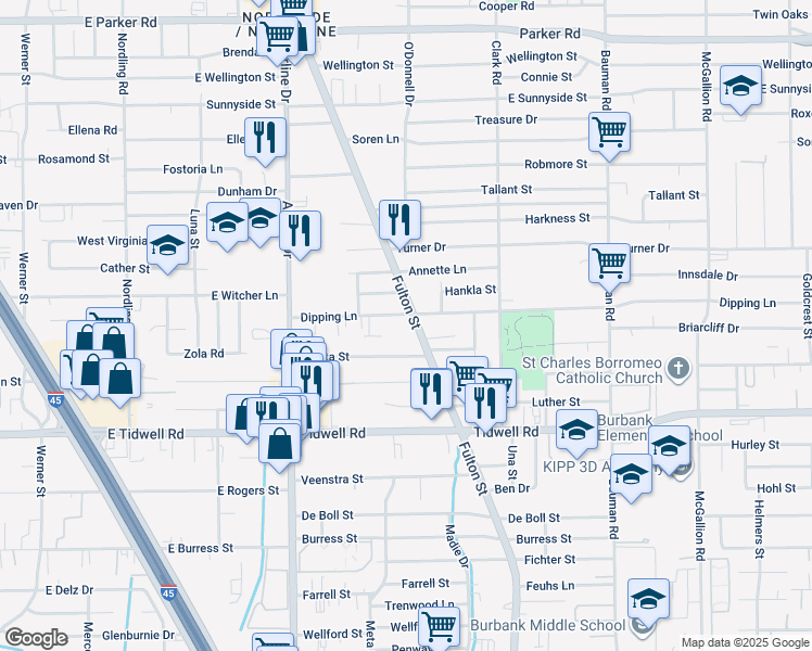map of restaurants, bars, coffee shops, grocery stores, and more near 79 Luetta Street in Houston