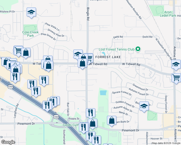 map of restaurants, bars, coffee shops, grocery stores, and more near 5726-a Bingle Road in Houston