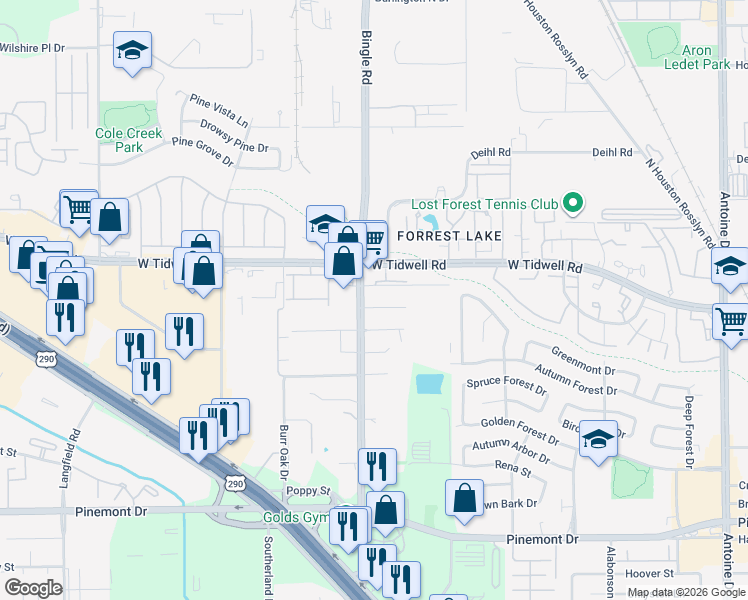 map of restaurants, bars, coffee shops, grocery stores, and more near 5726-a Bingle Road in Houston