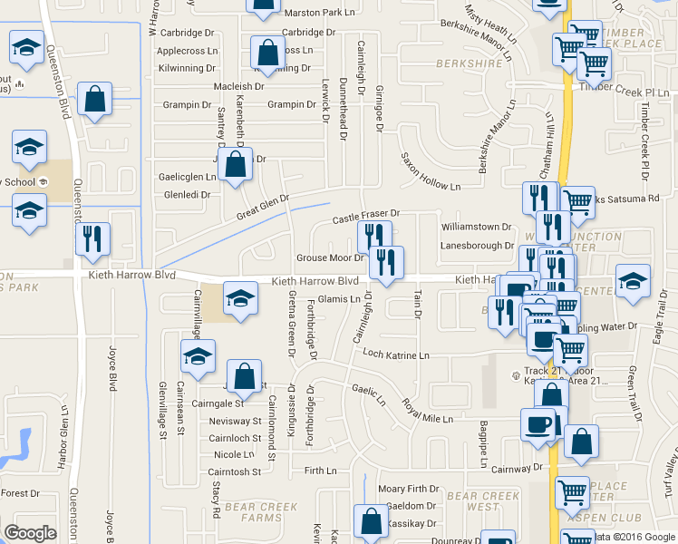 map of restaurants, bars, coffee shops, grocery stores, and more near 16803 Kieth Harrow Boulevard in Houston