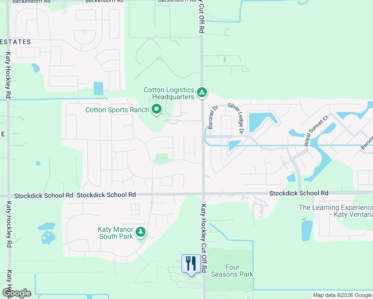 map of restaurants, bars, coffee shops, grocery stores, and more near 5210 Crimson Flagg Court in Katy