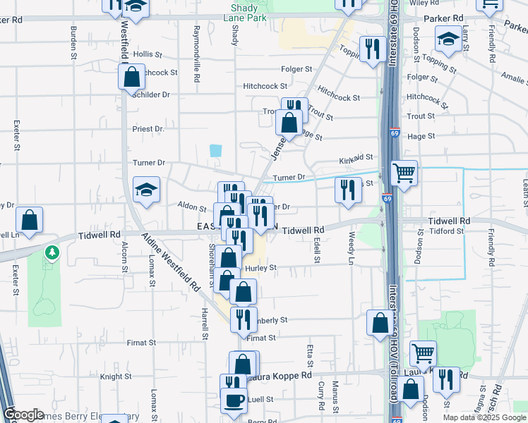 map of restaurants, bars, coffee shops, grocery stores, and more near 2921 La Estancia Lane in Houston