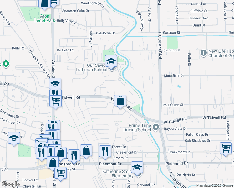map of restaurants, bars, coffee shops, grocery stores, and more near 4926 Bayou Vista Drive in Houston