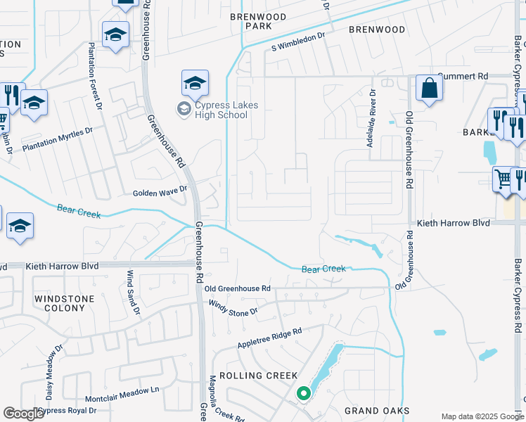 map of restaurants, bars, coffee shops, grocery stores, and more near 18935 Treviso Terrace Lane in Katy