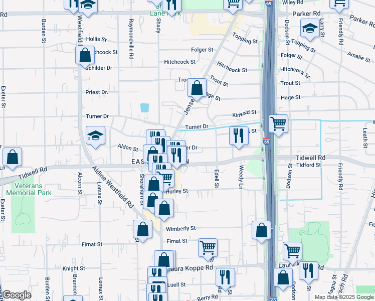 map of restaurants, bars, coffee shops, grocery stores, and more near 2937 La Estancia Lane in Houston