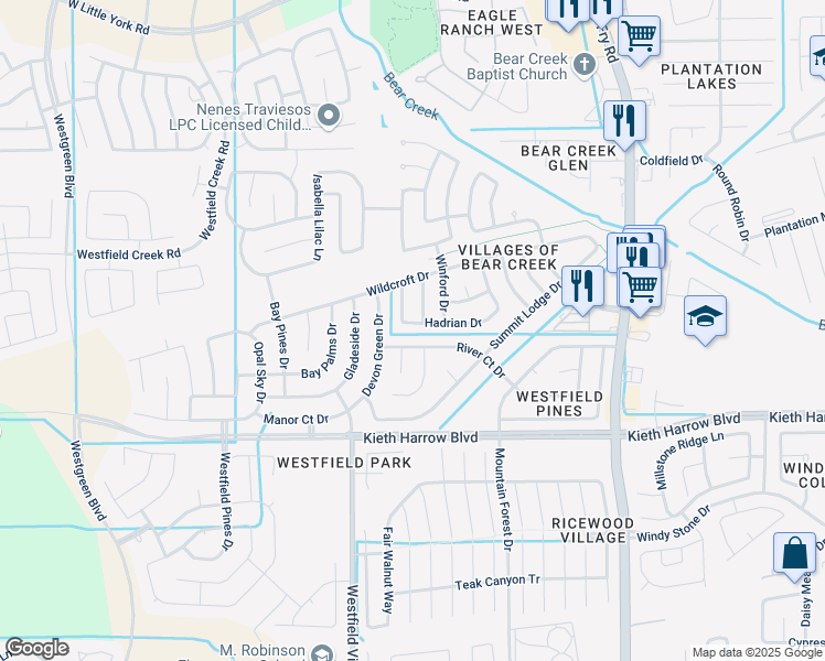 map of restaurants, bars, coffee shops, grocery stores, and more near 5223 Smokey River Drive in Katy