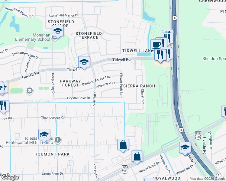 map of restaurants, bars, coffee shops, grocery stores, and more near 13114 Abalone Way in Houston