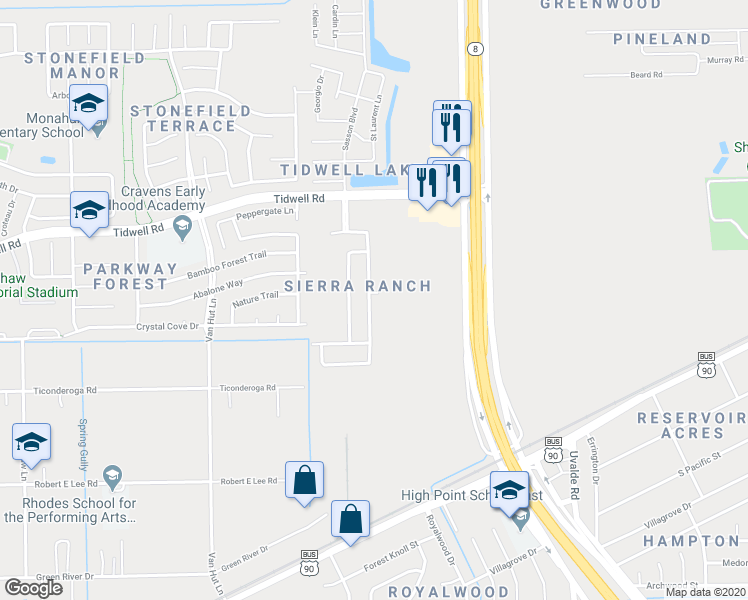 map of restaurants, bars, coffee shops, grocery stores, and more near 8578 Chaletford Drive in Houston