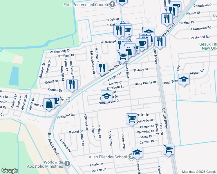 map of restaurants, bars, coffee shops, grocery stores, and more near 2840 Amigo Avenue in Marrero