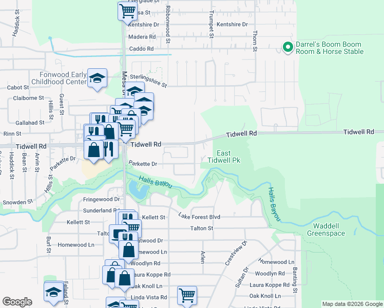 map of restaurants, bars, coffee shops, grocery stores, and more near 9503 Balsam Lane in Houston