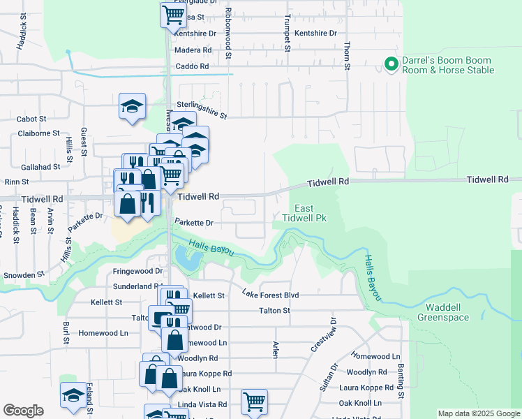 map of restaurants, bars, coffee shops, grocery stores, and more near 9415 Balsam Lane in Houston
