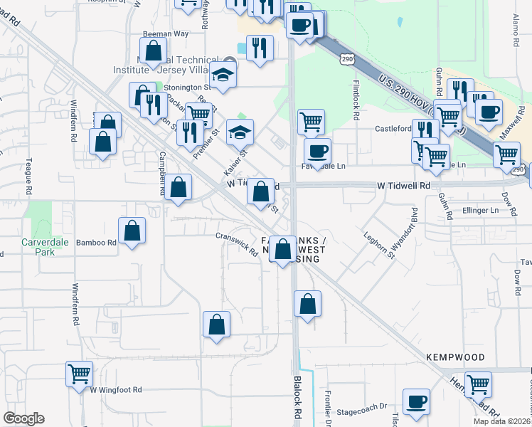 map of restaurants, bars, coffee shops, grocery stores, and more near 13815 Aston Street in Houston