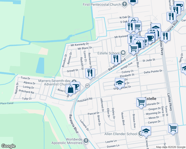 map of restaurants, bars, coffee shops, grocery stores, and more near 5024 Rochester Drive in Marrero