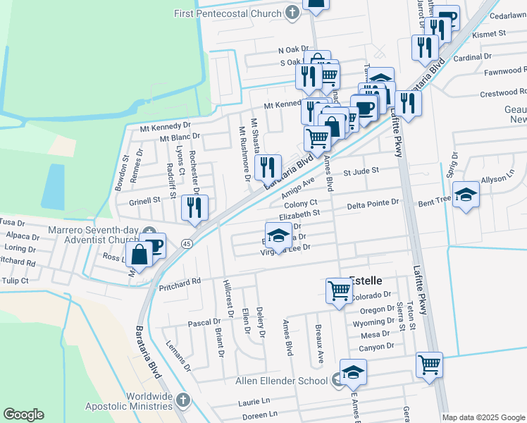 map of restaurants, bars, coffee shops, grocery stores, and more near 2840 Amigo Avenue in Marrero
