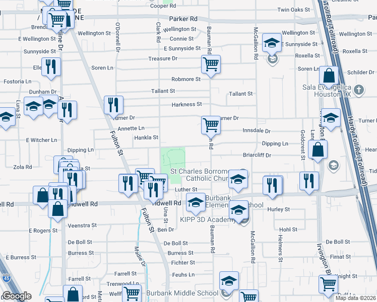 map of restaurants, bars, coffee shops, grocery stores, and more near 216 Dipping Ln in Houston
