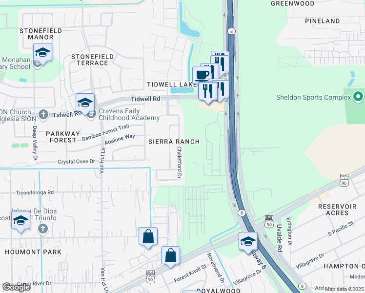 map of restaurants, bars, coffee shops, grocery stores, and more near 8582 Chaletford Drive in Houston