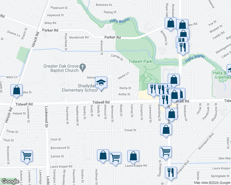 map of restaurants, bars, coffee shops, grocery stores, and more near 6107 Antha Street in Houston