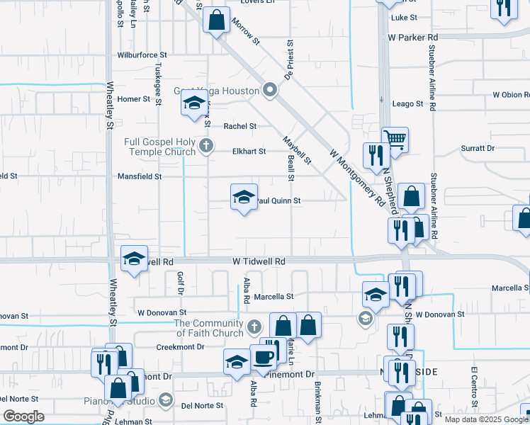 map of restaurants, bars, coffee shops, grocery stores, and more near 827 Paul Quinn Street in Houston