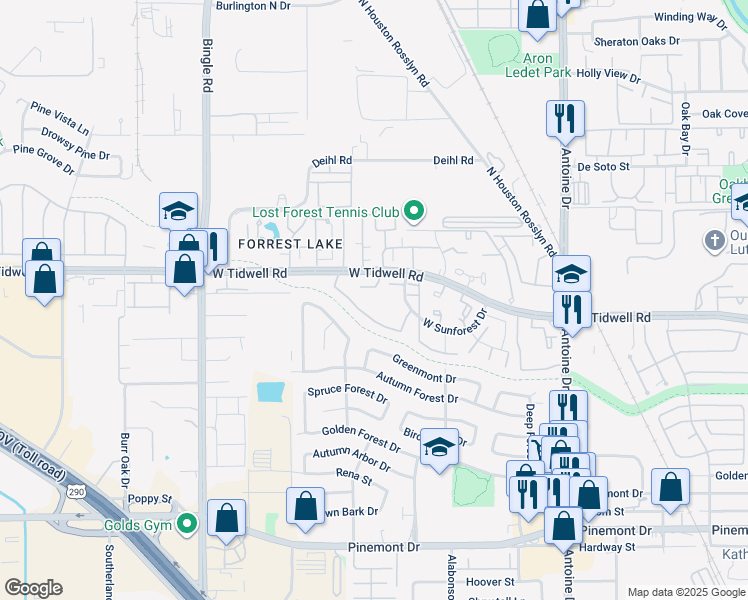 map of restaurants, bars, coffee shops, grocery stores, and more near 5801 West Sunforest Drive in Houston