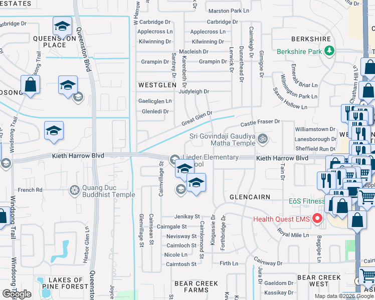 map of restaurants, bars, coffee shops, grocery stores, and more near 5019 Peebles Drive in Houston