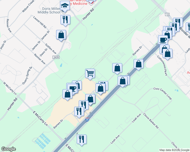 map of restaurants, bars, coffee shops, grocery stores, and more near 490 Barnes Drive in San Marcos