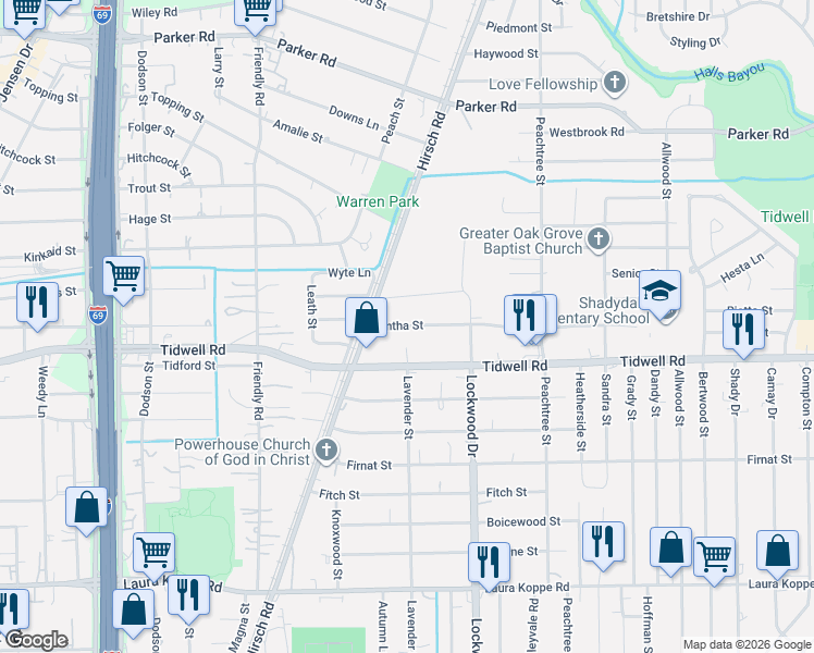 map of restaurants, bars, coffee shops, grocery stores, and more near 16219 Lavender Street in Houston