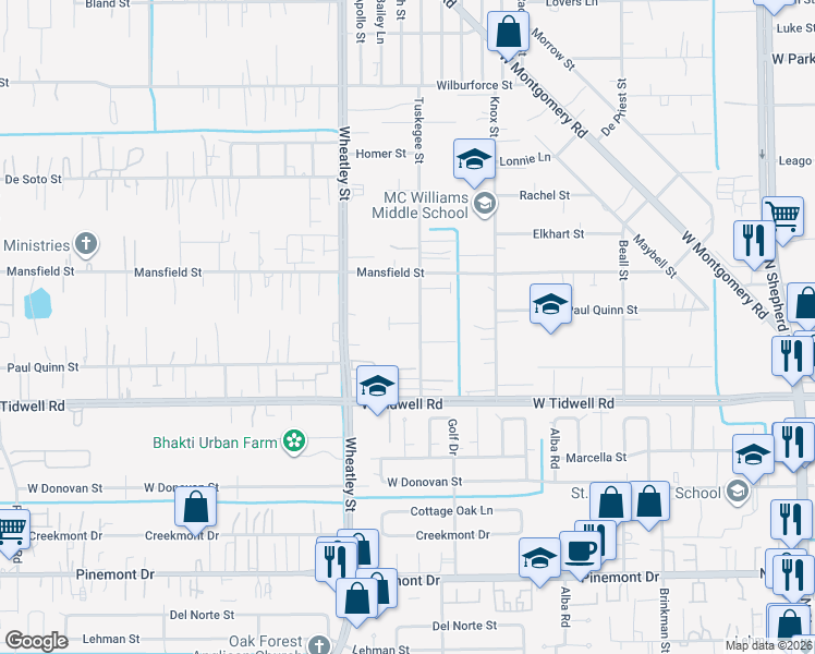 map of restaurants, bars, coffee shops, grocery stores, and more near 5803 Tuskegee Street in Houston
